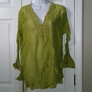 Grande And Greene sheer olive green blouse with crinkle long sleeves  Sz XL NWOT